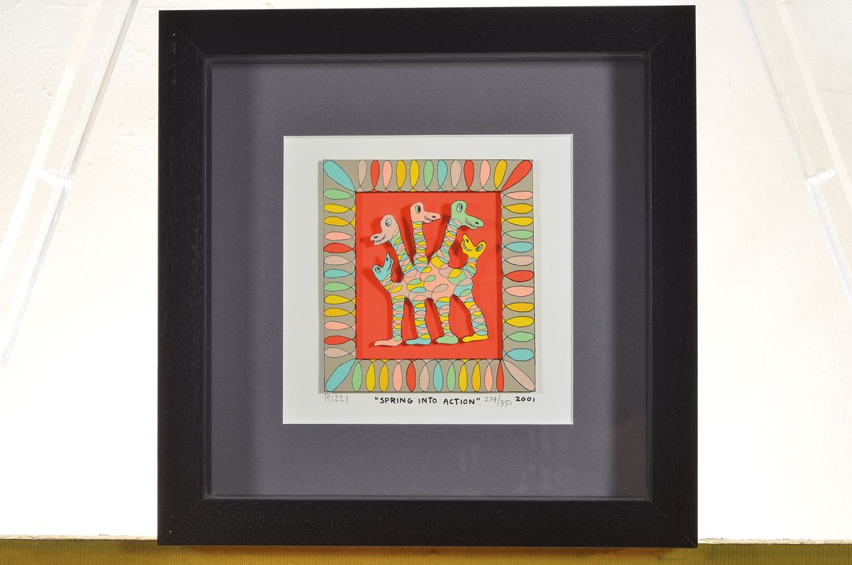 Detail k: James Rizzi, 1950-2011, "Spring into action ", 3-Konstruktion, handsign., num. 279/350, dat. 2001, unter Glas gerahmt, motiv ca. 15x14 cm, ...