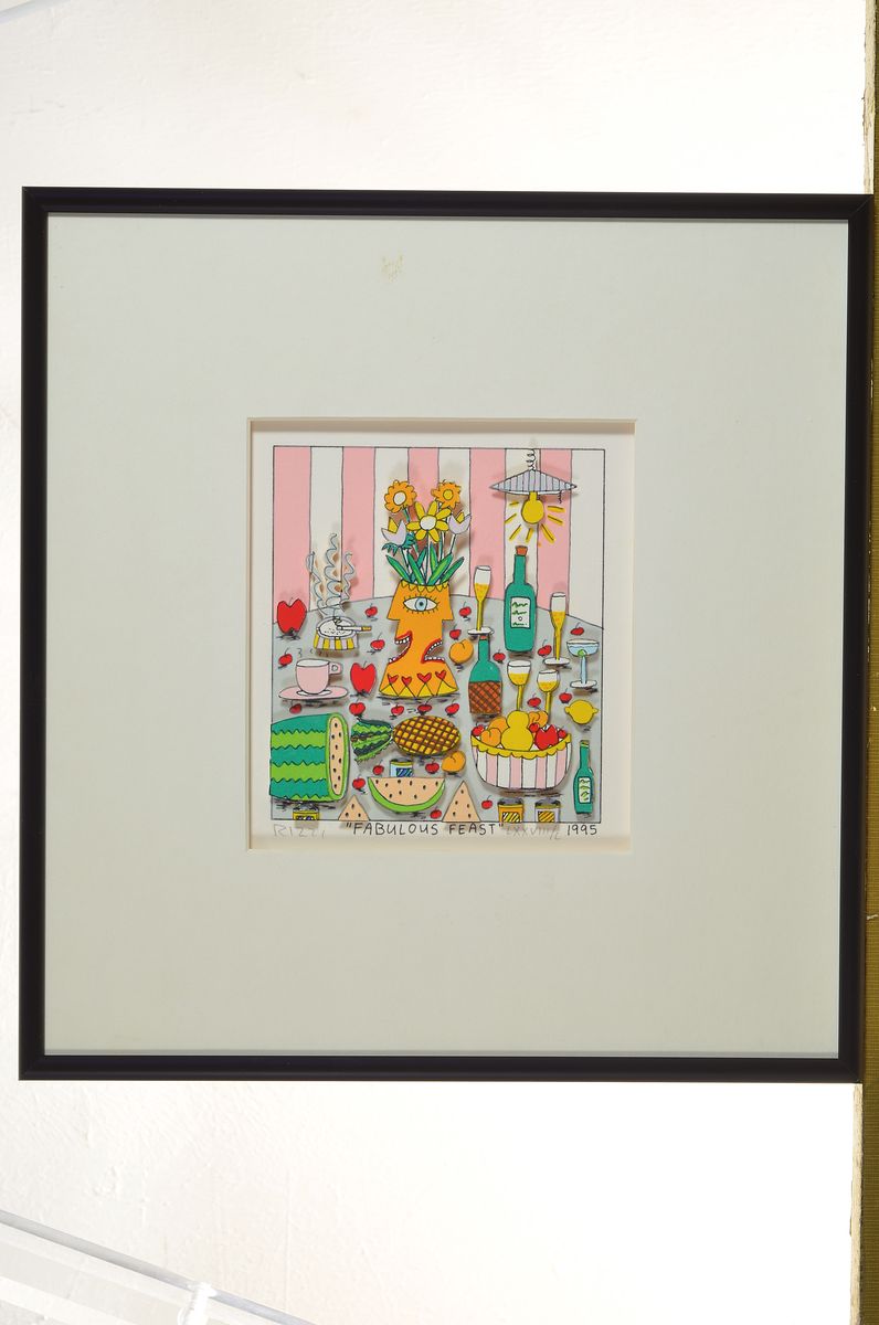 Detail k: James Rizzi, 1950-2011, "Fabulous feast", 3D-Konstruktion, handsign., num. LXXVIII/C, dat. 1995, unter Glas gerahmt, motiv ca. 13,5x12 cm, ...