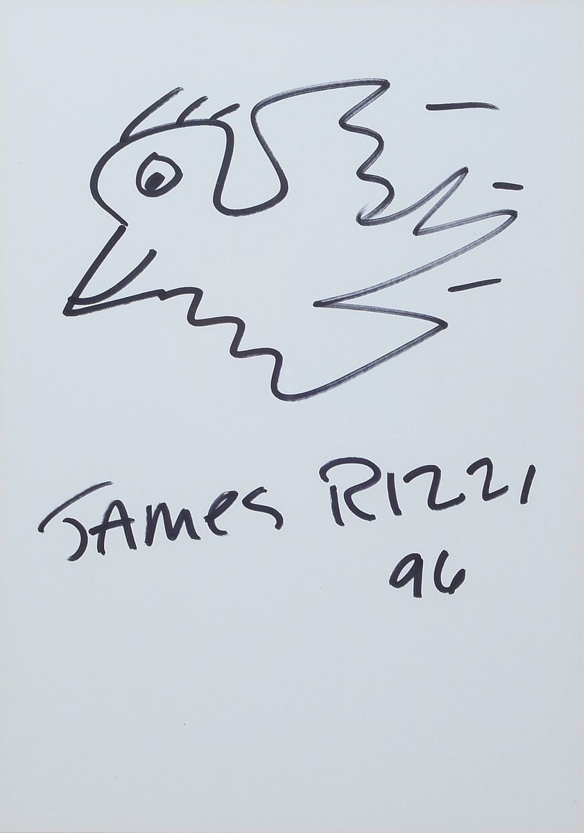 James Rizzi, 1950-2011, "Bird", Filzstiftzeichnung, handsign., dat.96, unter Glas gerahmt, gesamt ca, 44,5x34,5 cm