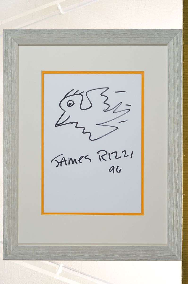 Detail k: James Rizzi, 1950-2011, "Bird", Filzstiftzeichnung, handsign., dat.96, unter Glas gerahmt, gesamt ca, 44,5x34,5 cm
