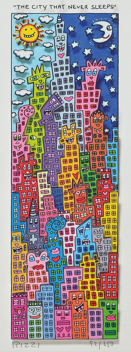 James Rizzi, 1950-2011, "The City that never sleeps, 3D-Konstruktion, drucksign., ., num. 92/350, unter Glas gerahmt, motiv ca. 18x6 cm, gesamt ...