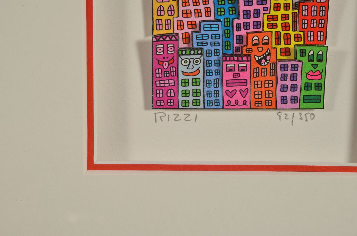 Detail a: James Rizzi, 1950-2011, "The City that never sleeps, 3D-Konstruktion, drucksign., ., num. 92/350, unter Glas gerahmt, motiv ca. 18x6 cm, gesamt ...