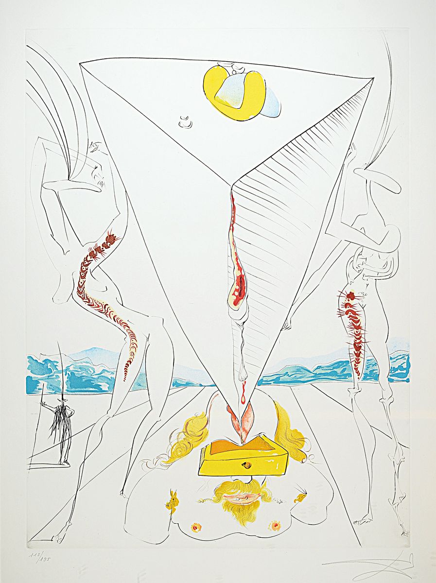 Salvador Dali, 1904-1989, Philosophe ecrase par le cosmos, Kaltnadelradierung auf Farblithographie mit Prägung, Blatt 2 aus: La Conquete du Cosmos ...