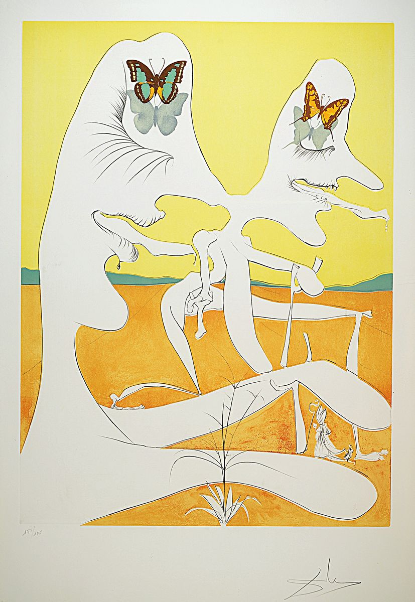 Salvador Dali, 1904-1989, Papillons de l'anti-matiere, Kaltnadelradierung auf Farblithographie mit Prägung, Blatt 3 aus: La Conquete du Cosmos ...