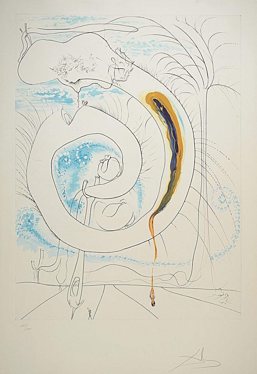 Salvador Dali, 1904-1989, Le Cercle visceral du cosmos, Kaltnadelradierung auf Farblithographie mit Prägung, Blatt 7 aus: La Conquete du Cosmos von ...