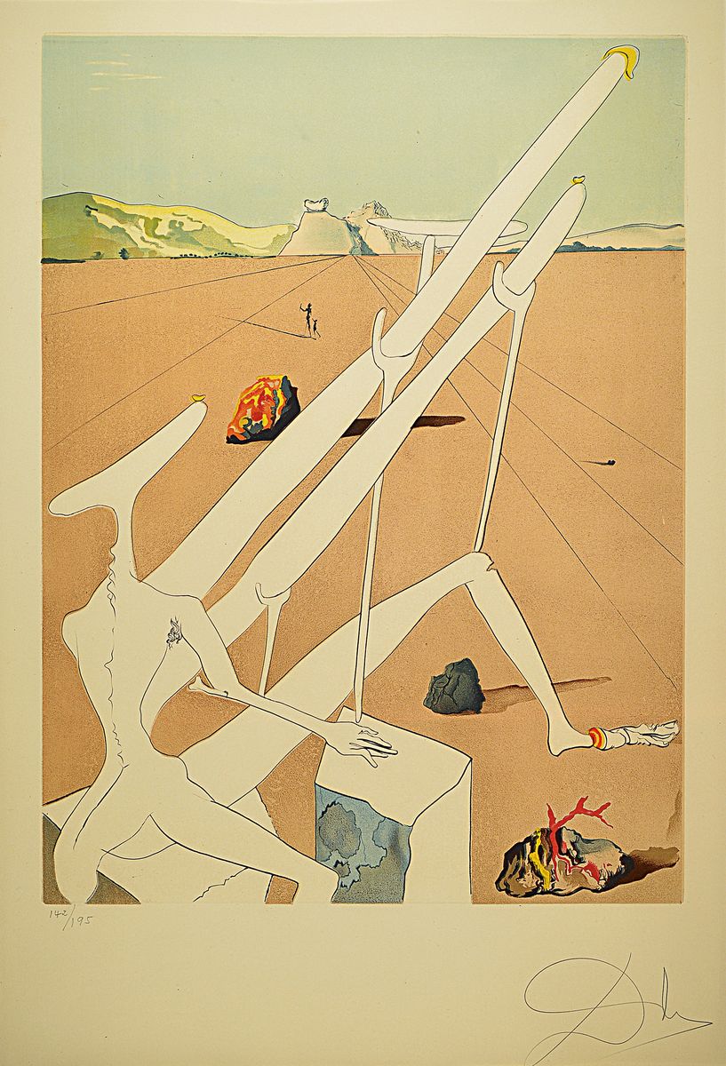 Salvador Dali, 1904-1989, Dali martien muni d'un double microscope holo-electronique, Kaltnadelradierung auf Farblithographie mit Prägung, ...