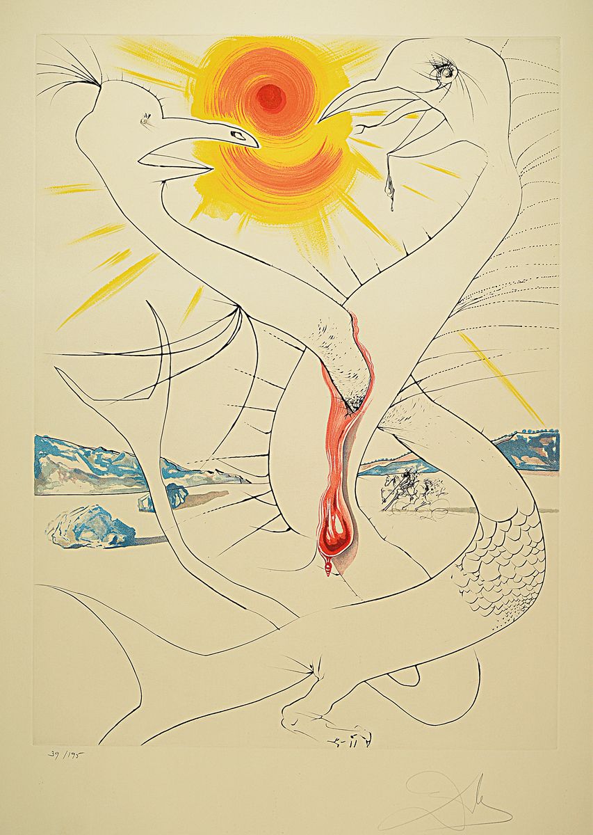 Salvador Dali, 1904-1989, Le Caducee de Mars alimente par la boule de feu Jupiter, Kaltnadelradierung auf Farblithographie mit Prägung, Blatt 10 ...