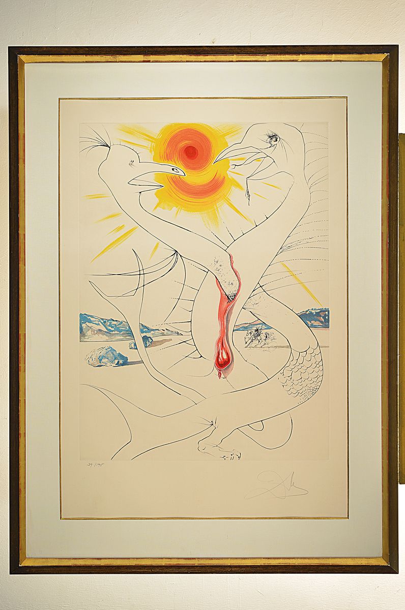 Detail k: Salvador Dali, 1904-1989, Le Caducee de Mars alimente par la boule de feu Jupiter, Kaltnadelradierung auf Farblithographie mit Prägung, Blatt 10 ...
