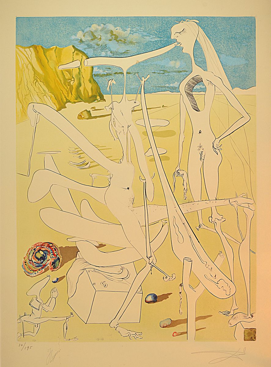 Salvador Dali, 1904-1989, Infra-terrestres adore par Dali a 5 ans car il se croyait insecte, Kaltnadelradierung auf Farblithographie mit Prägung, ...