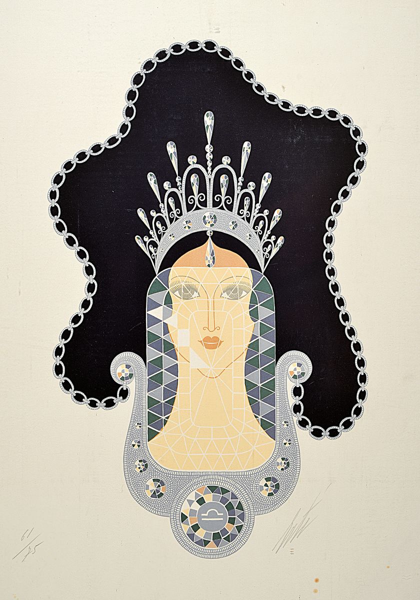 Erté (Romain de Tirtoff), 1892-1990, Farblithographie, signiert und num. 61/75, fleckig, ca. 64x50cm, dazu Buchband: Erté, testo di Roland Barthes, ...
