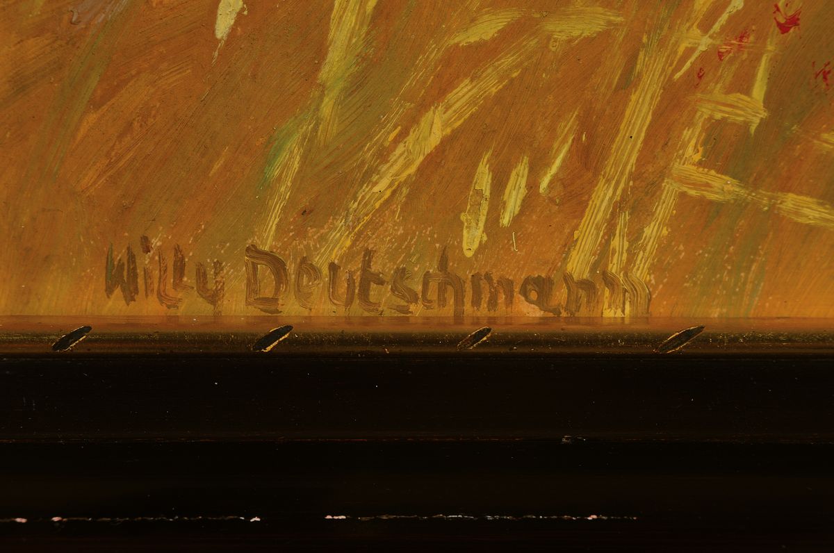 Detail a: Willy Deutschmann, geb. 1880 Oberflörsheim bei Alzey, war ansässig in Petersbächel, hier: Ernte in Wasgaulandschaft, Öl/Malkarton, links unten ...