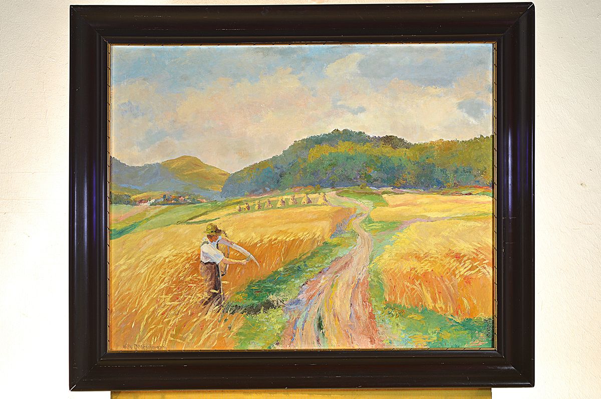 Detail k: Willy Deutschmann, geb. 1880 Oberflörsheim bei Alzey, war ansässig in Petersbächel, hier: Ernte in Wasgaulandschaft, Öl/Malkarton, links unten ...