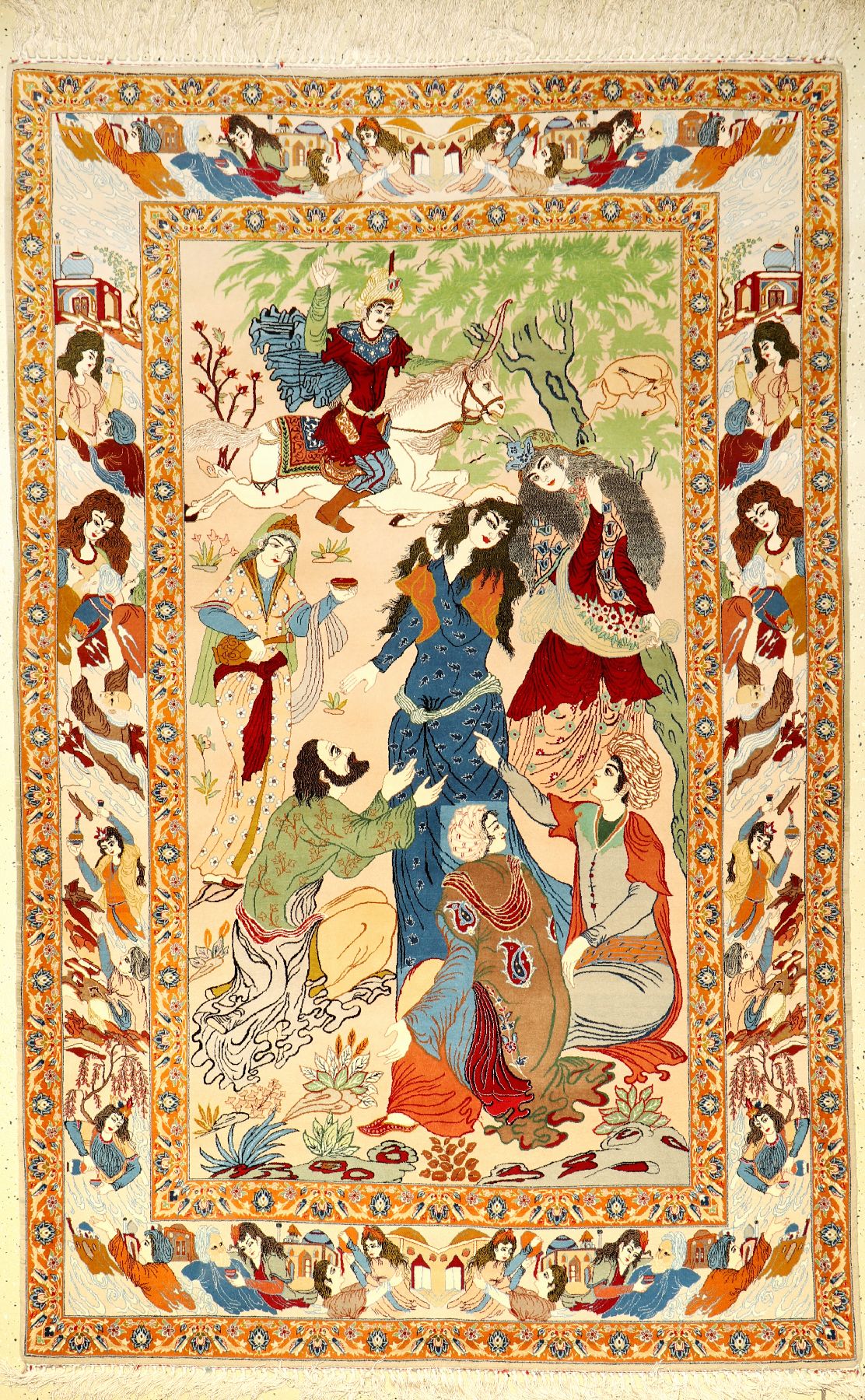 Feiner Esfahan Bildteppich, alt, Persien, um 1960/1970, Korkwolle auf Seide, ca. 242 x 154 cm, 10x10 Knüpfung, selten, EHZ: 2