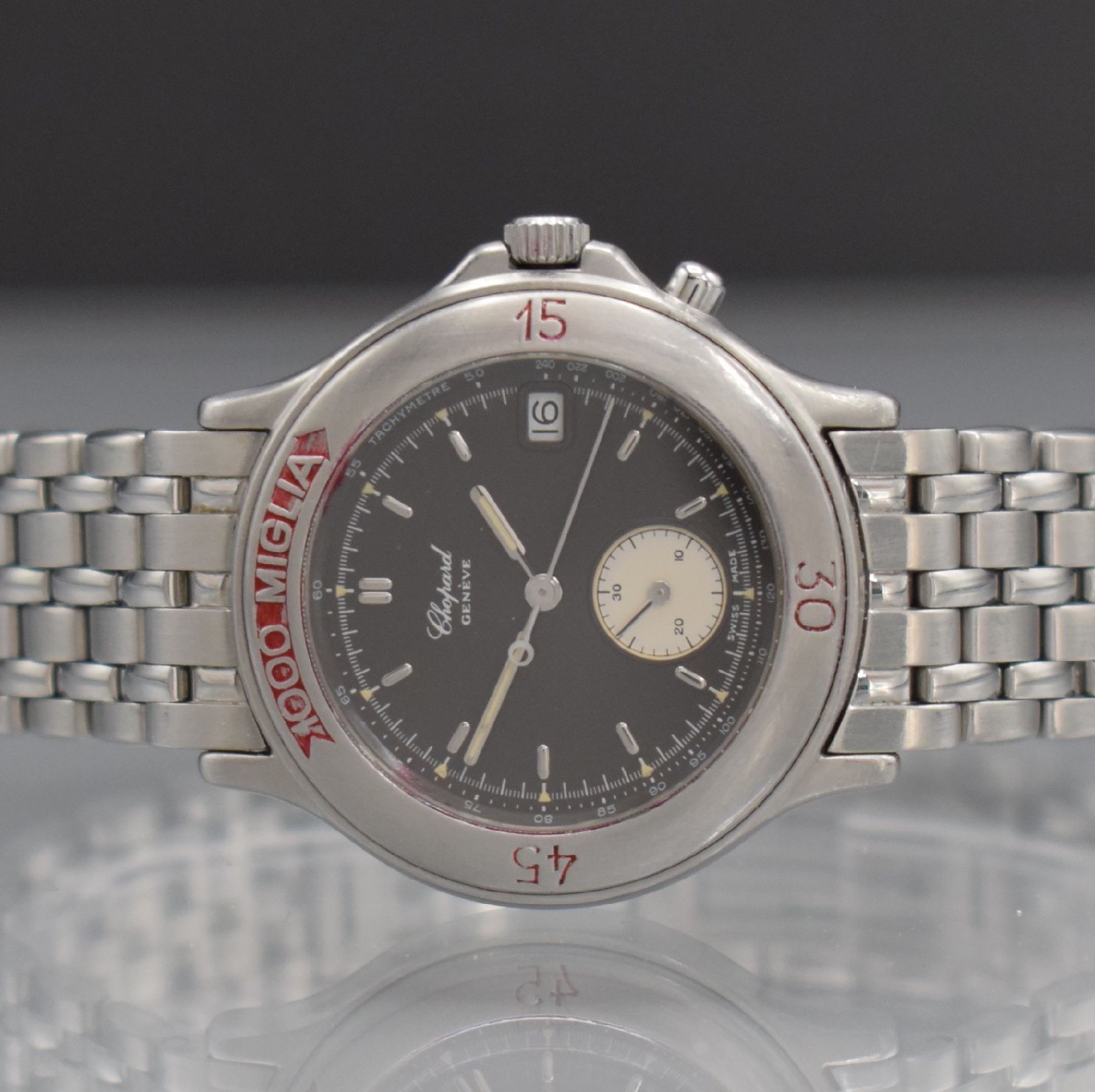 Detail a: CHOPARD 1000 Miglia Armbanduhr mit Chronograph, Schweiz um 1995, quarz, Ref. 8141, Edelstahl Stülpgeh. inkl. orig. Gliederband m. dopp. Faltschl., ...