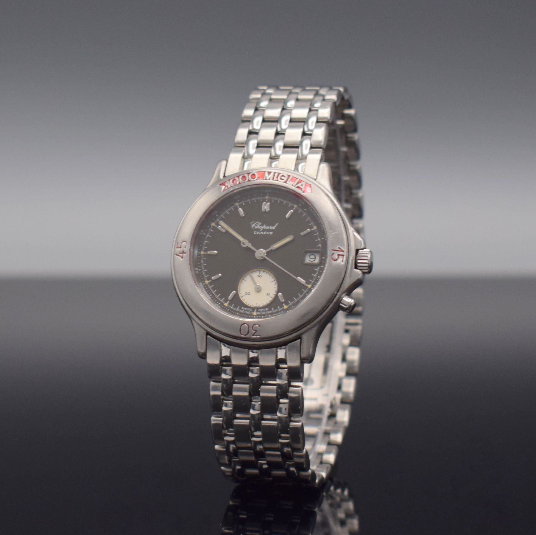 Detail b: CHOPARD 1000 Miglia Armbanduhr mit Chronograph, Schweiz um 1995, quarz, Ref. 8141, Edelstahl Stülpgeh. inkl. orig. Gliederband m. dopp. Faltschl., ...