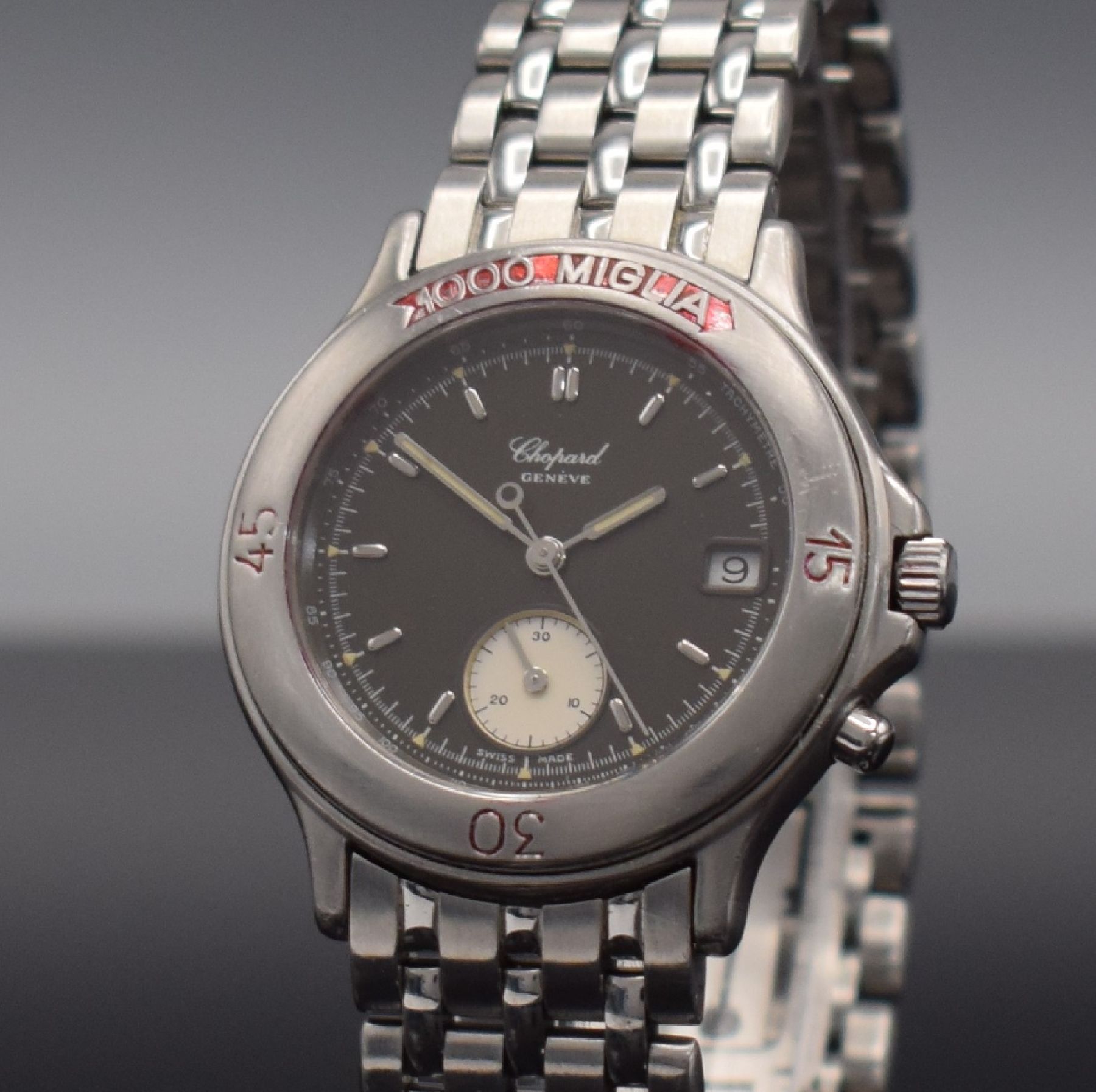 Detail c: CHOPARD 1000 Miglia Armbanduhr mit Chronograph, Schweiz um 1995, quarz, Ref. 8141, Edelstahl Stülpgeh. inkl. orig. Gliederband m. dopp. Faltschl., ...