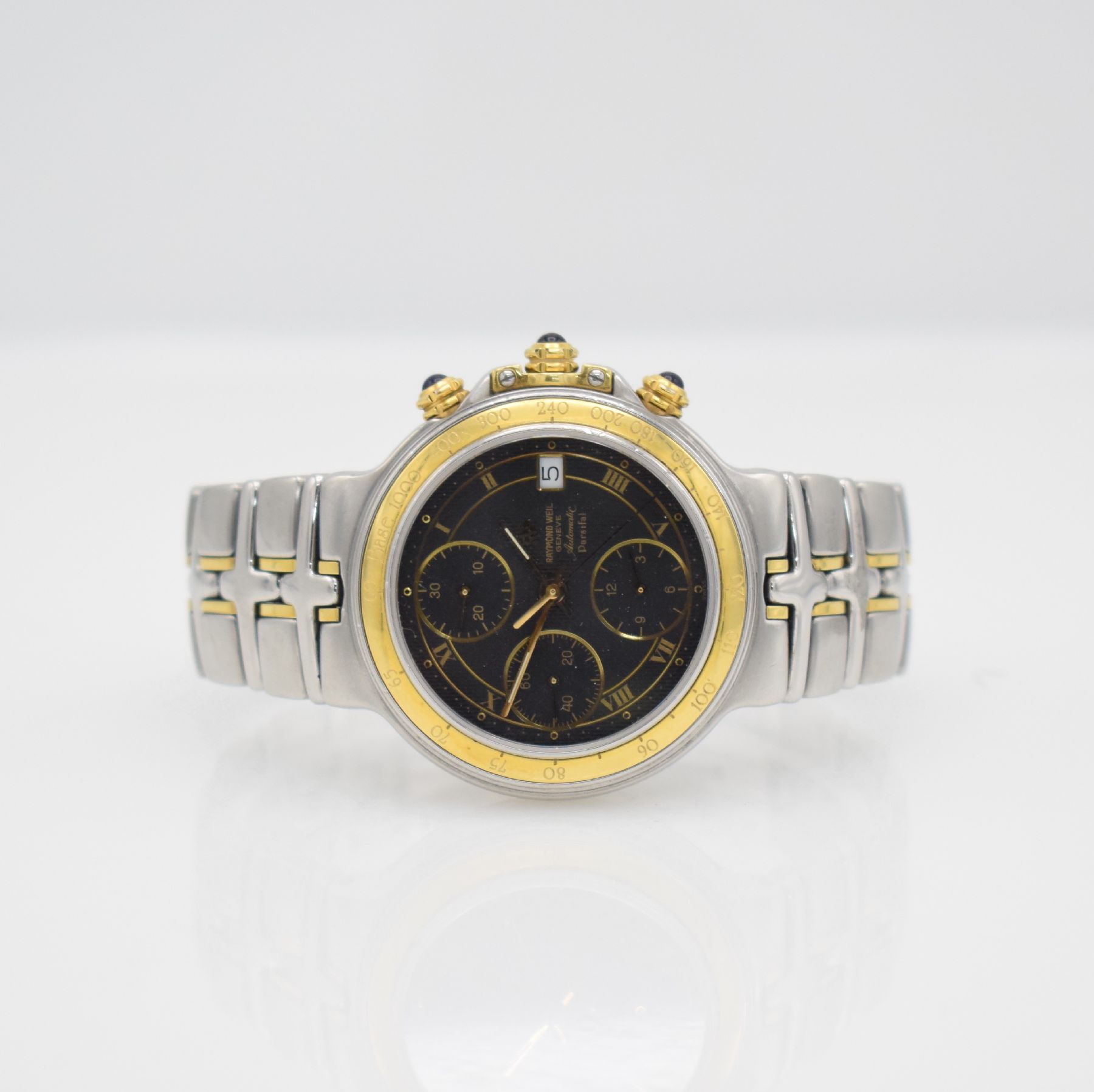 RAYMOND WEIL Herrenarmbanduhr mit Chronograph Modellserie Parsifal, Schweiz um 1997, Automatik, Edelstahl/Gold kombiniert inkl. Gliederband m. dopp. ...