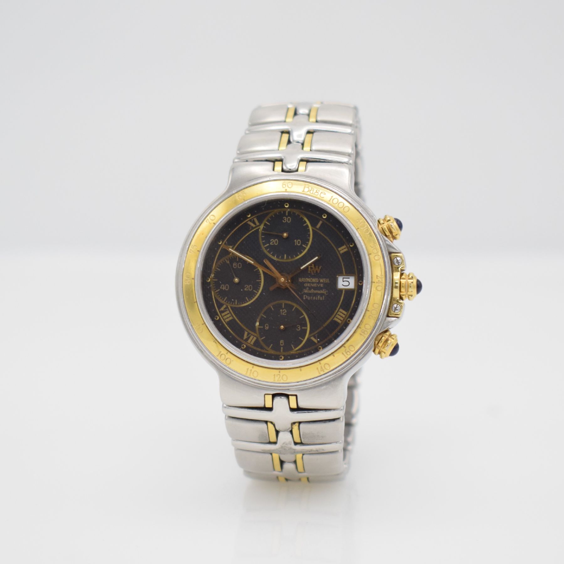 Detail b: RAYMOND WEIL Herrenarmbanduhr mit Chronograph Modellserie Parsifal, Schweiz um 1997, Automatik, Edelstahl/Gold kombiniert inkl. Gliederband m. dopp. ...