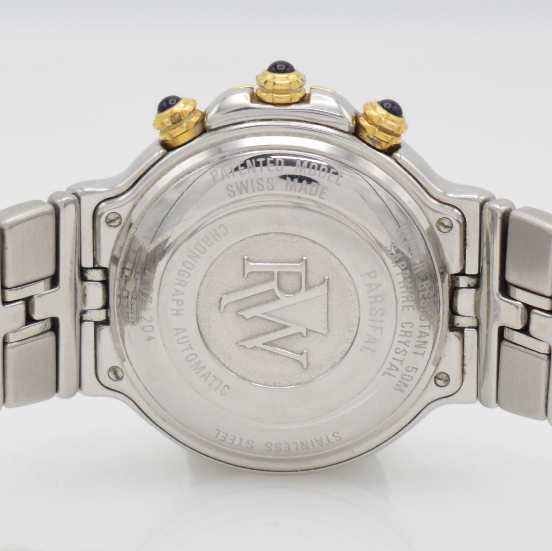 Detail e: RAYMOND WEIL Herrenarmbanduhr mit Chronograph Modellserie Parsifal, Schweiz um 1997, Automatik, Edelstahl/Gold kombiniert inkl. Gliederband m. dopp. ...