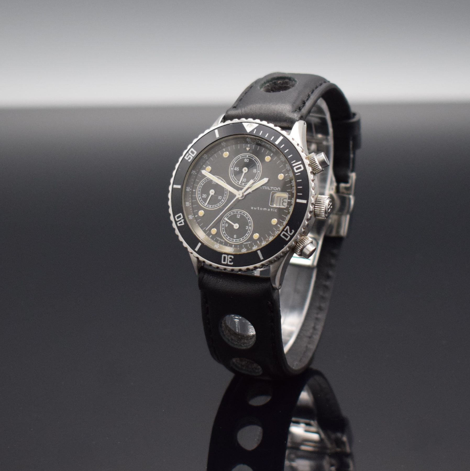 Detail b: HAMILTON HTC Herrenarmbanduhr mit Chronograph, Schweiz um 1985, Automatik, Edelstahlgeh., Boden geschr., eins. drehb. Lünette mit 60- Teilung, ...
