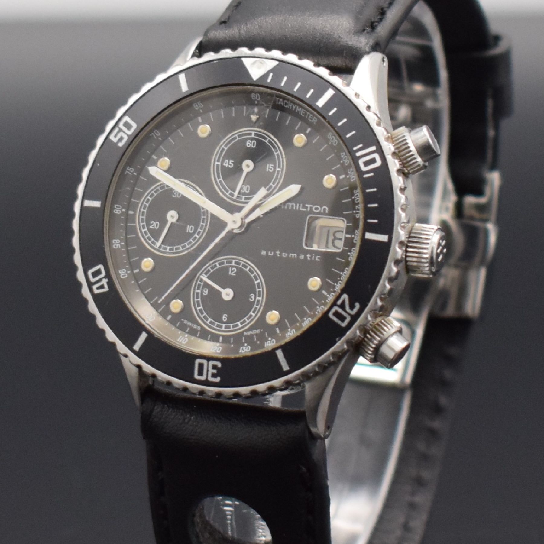 Detail c: HAMILTON HTC Herrenarmbanduhr mit Chronograph, Schweiz um 1985, Automatik, Edelstahlgeh., Boden geschr., eins. drehb. Lünette mit 60- Teilung, ...