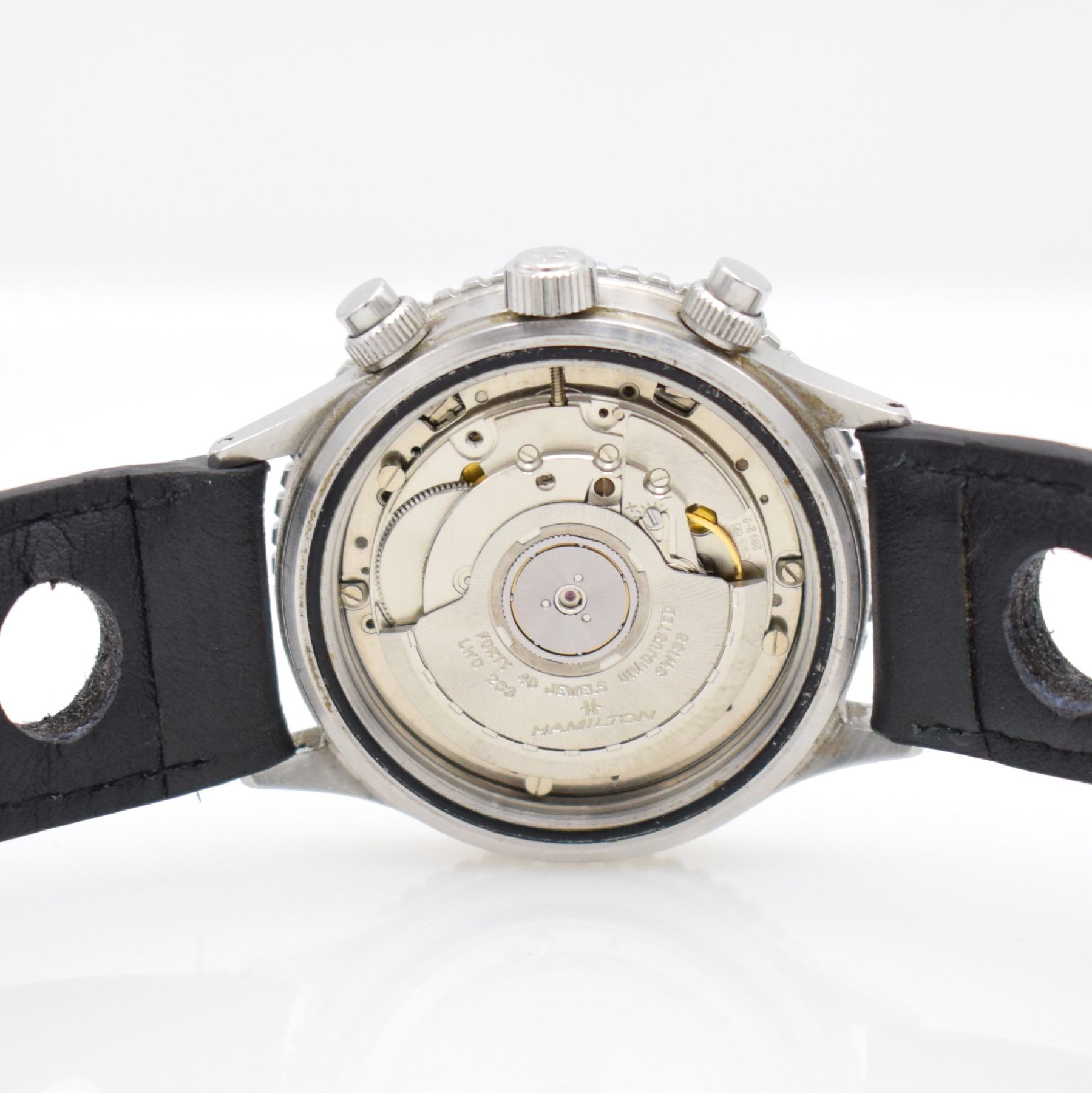 Detail g: HAMILTON HTC Herrenarmbanduhr mit Chronograph, Schweiz um 1985, Automatik, Edelstahlgeh., Boden geschr., eins. drehb. Lünette mit 60- Teilung, ...