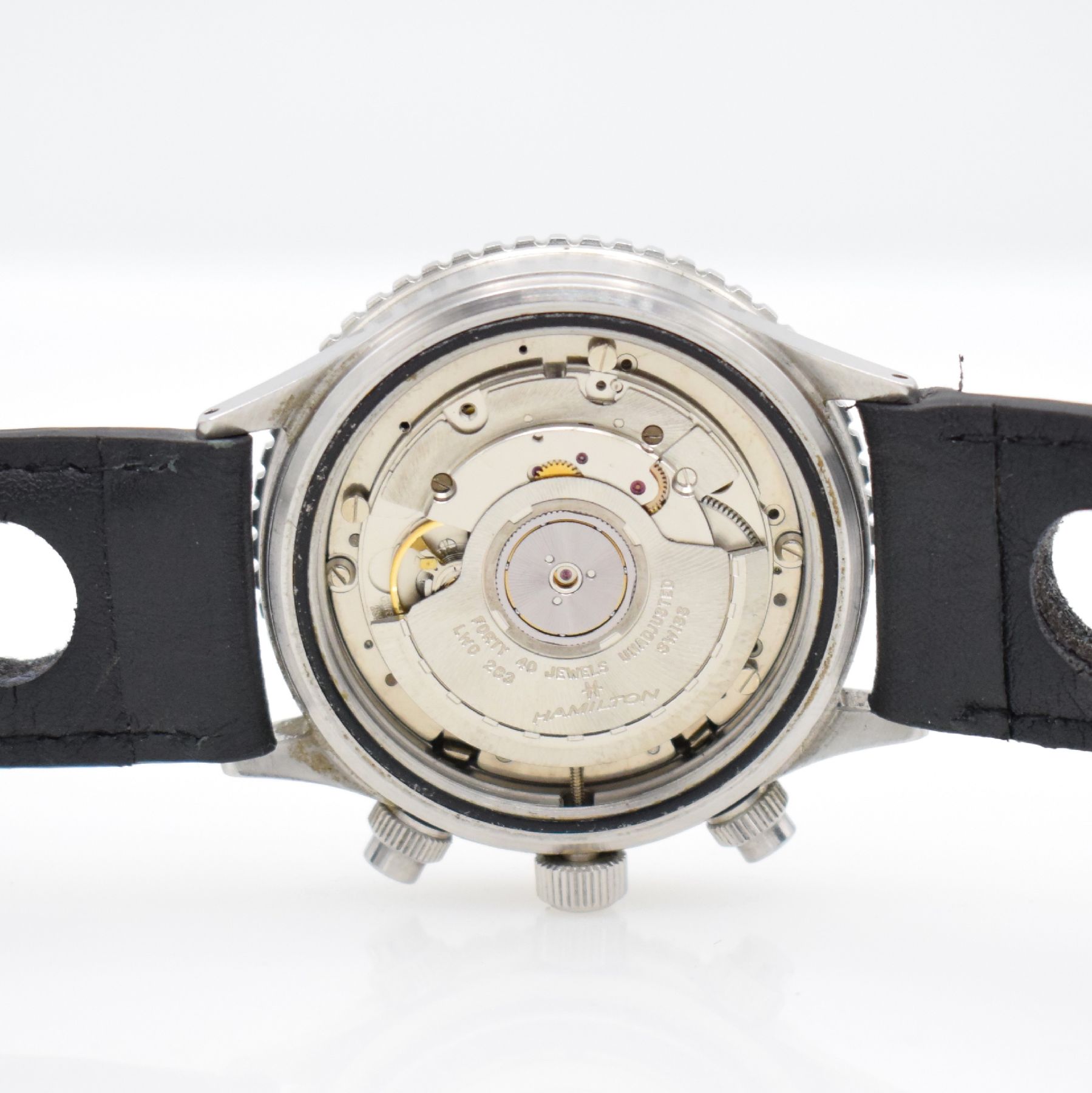 Detail h: HAMILTON HTC Herrenarmbanduhr mit Chronograph, Schweiz um 1985, Automatik, Edelstahlgeh., Boden geschr., eins. drehb. Lünette mit 60- Teilung, ...