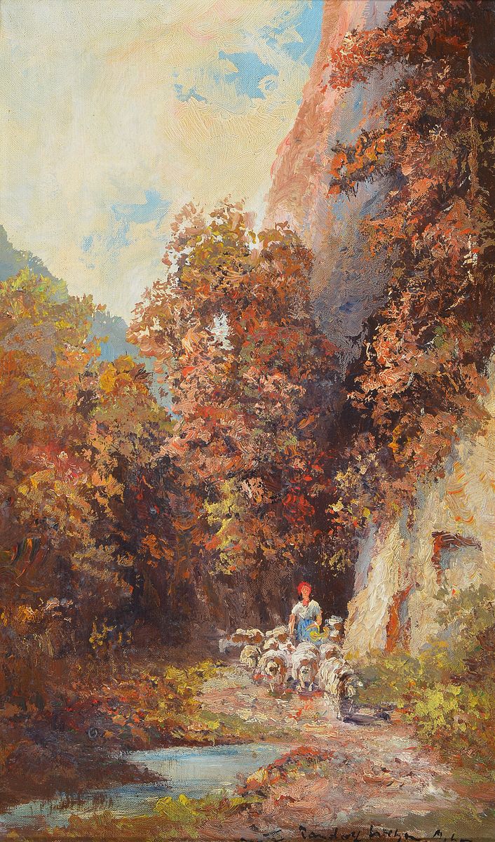 Randolph Wehn, 1911-1987 München, Schäferin mit ihrer Herde in einer Schlucht, Öl/Lwd, rechts unten signiert, ca. 50x30cm, R. ca. 66x46cm