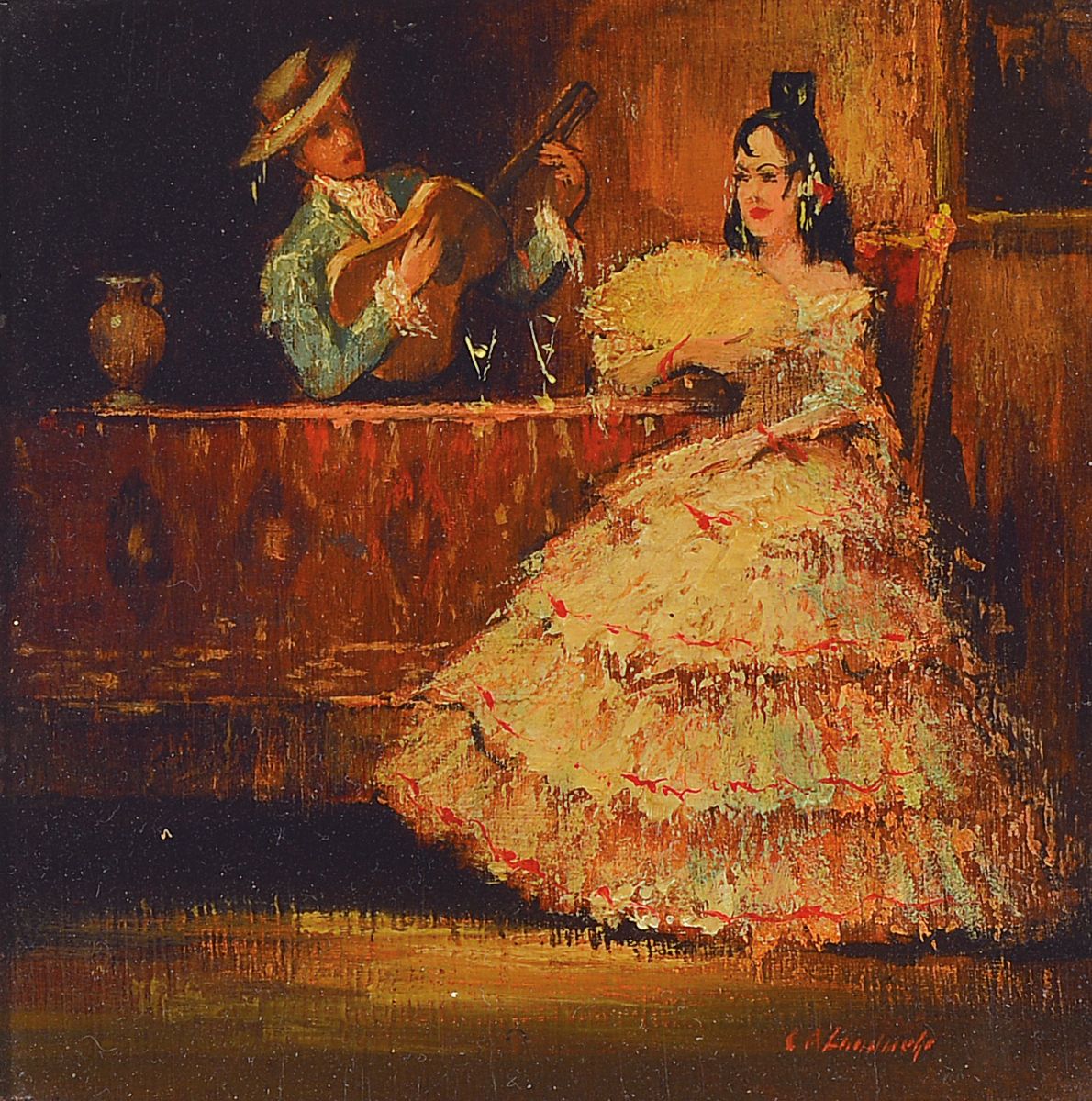 Curt A. Landwehr, 1920-1988, Flamenco-Tänzerin und Gitarrist, Öl/Holz, rechts unten signiert, ca. 14x14cm, R. ca. 29x29cm