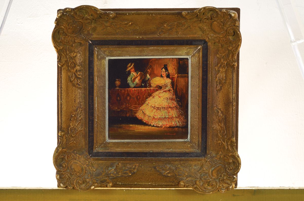 Detail k: Curt A. Landwehr, 1920-1988, Flamenco-Tänzerin und Gitarrist, Öl/Holz, rechts unten signiert, ca. 14x14cm, R. ca. 29x29cm