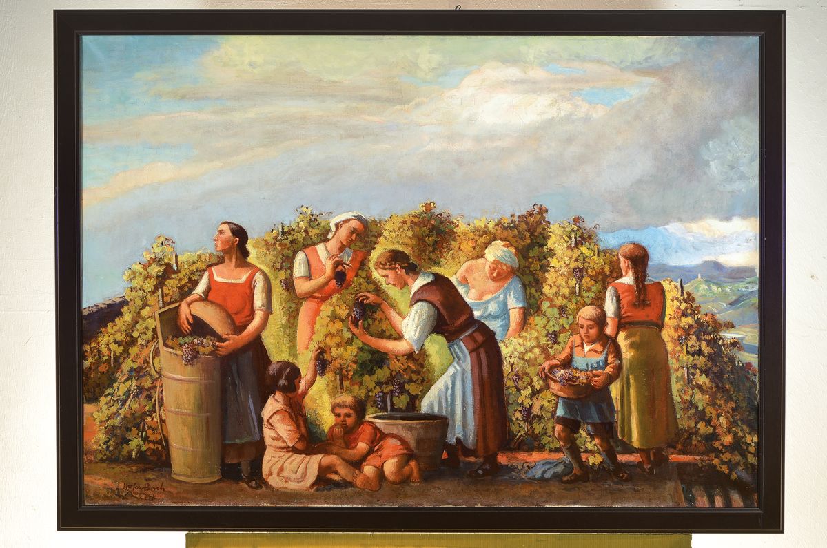 Detail k: Otto Hofer-Bach, 1897 Oberndorf - 1970 Stuttgart, Studium an der Stuttgarter Akademie, hier: "Weinwarte am Hacker", Öl/Lwd,große ...