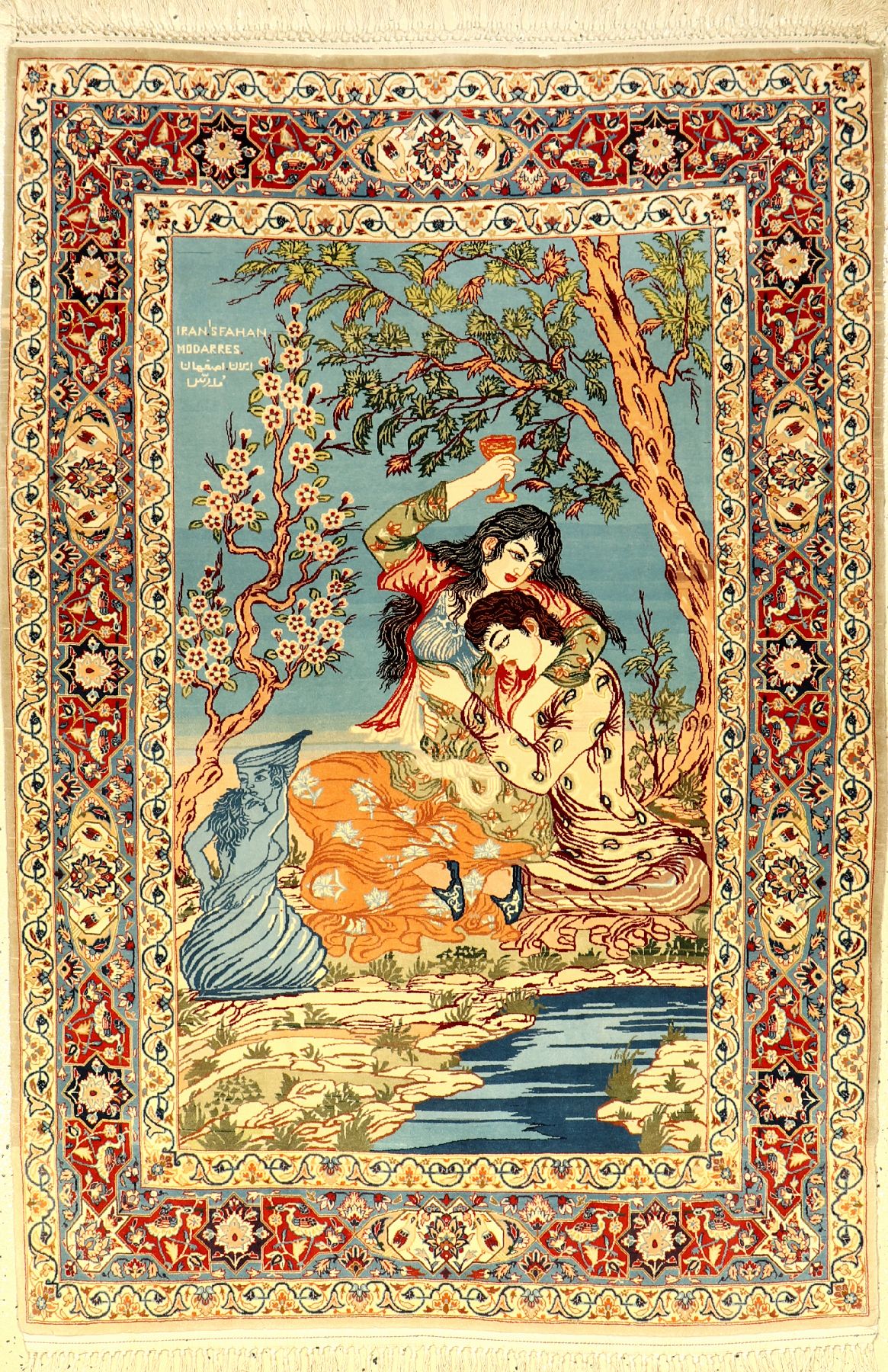 Seltener Feiner Esfahan alt, Persien, Signiert Modares, ca. 60 Jahre, Korkwolle auf Seide, ca. 160 x 109 cm, seltenes Motiv, sehr feine Qualität, ...