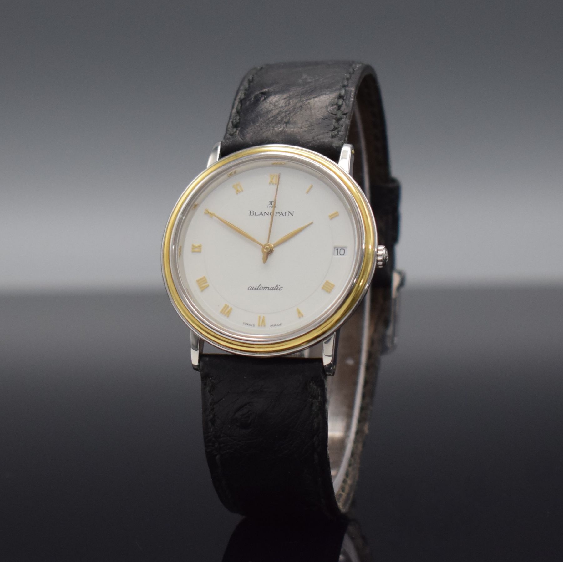 Detail b: BLANCPAIN feine Herrenarmbanduhr, Automatik, Schweiz um 1990, flaches Edelstahlgeh. inkl. Lederband m. orig. Dornschl., Lünette in GG, Boden & ...