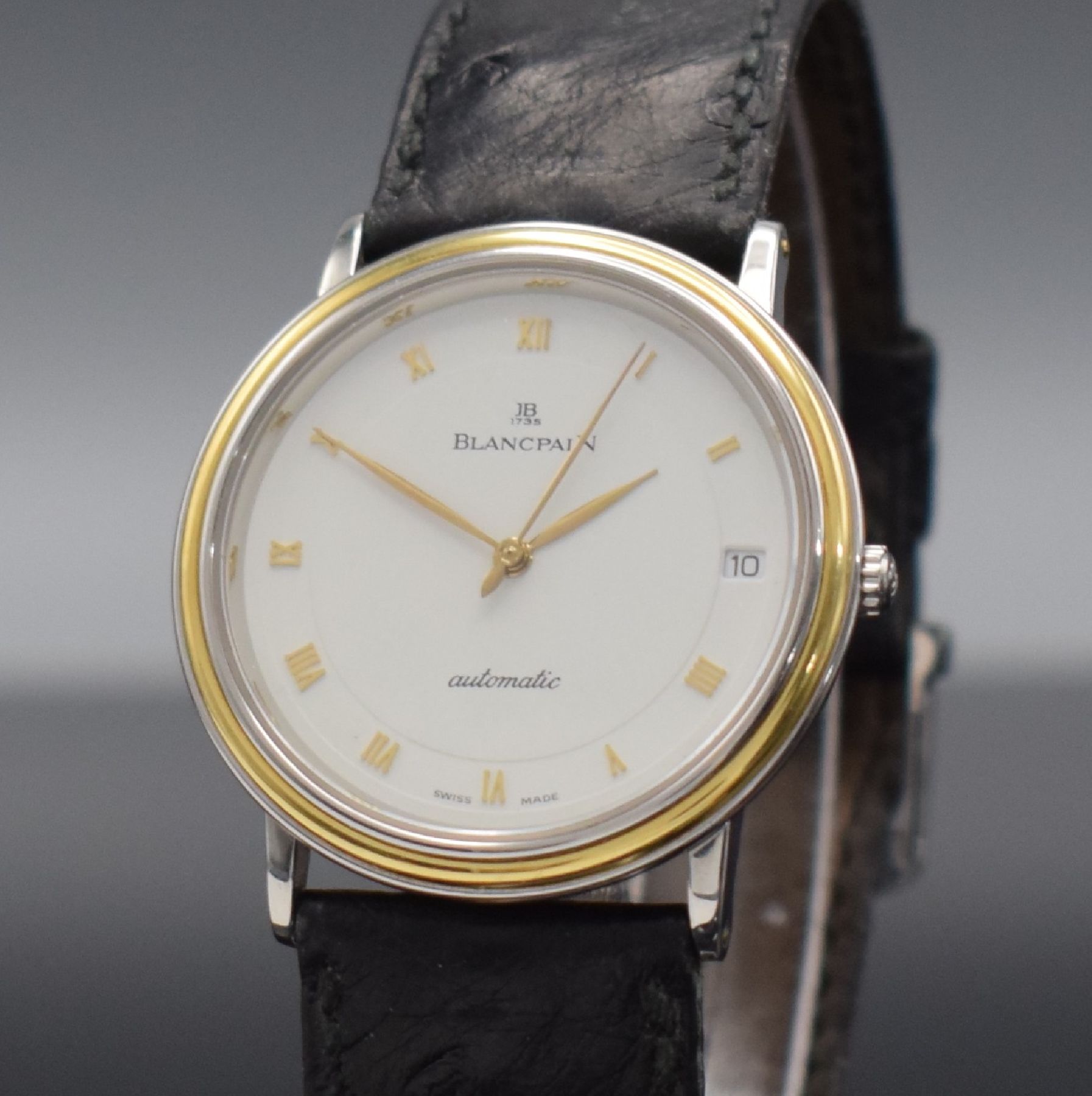 Detail c: BLANCPAIN feine Herrenarmbanduhr, Automatik, Schweiz um 1990, flaches Edelstahlgeh. inkl. Lederband m. orig. Dornschl., Lünette in GG, Boden & ...