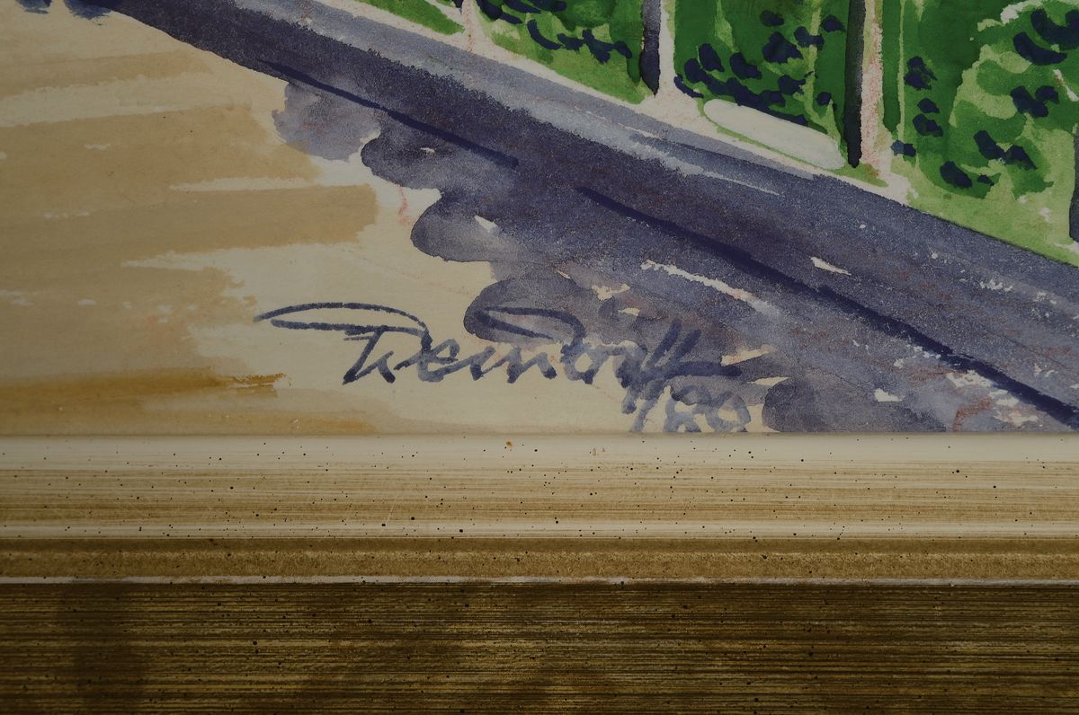 Detail a: Wendorff, zeitgenössische Kunst, um 1987/89 4 Aquarelle und Kreidezeichnung, 2 südliche Landschaften, 2 Parklandschaften und ein Stillleben mit ...