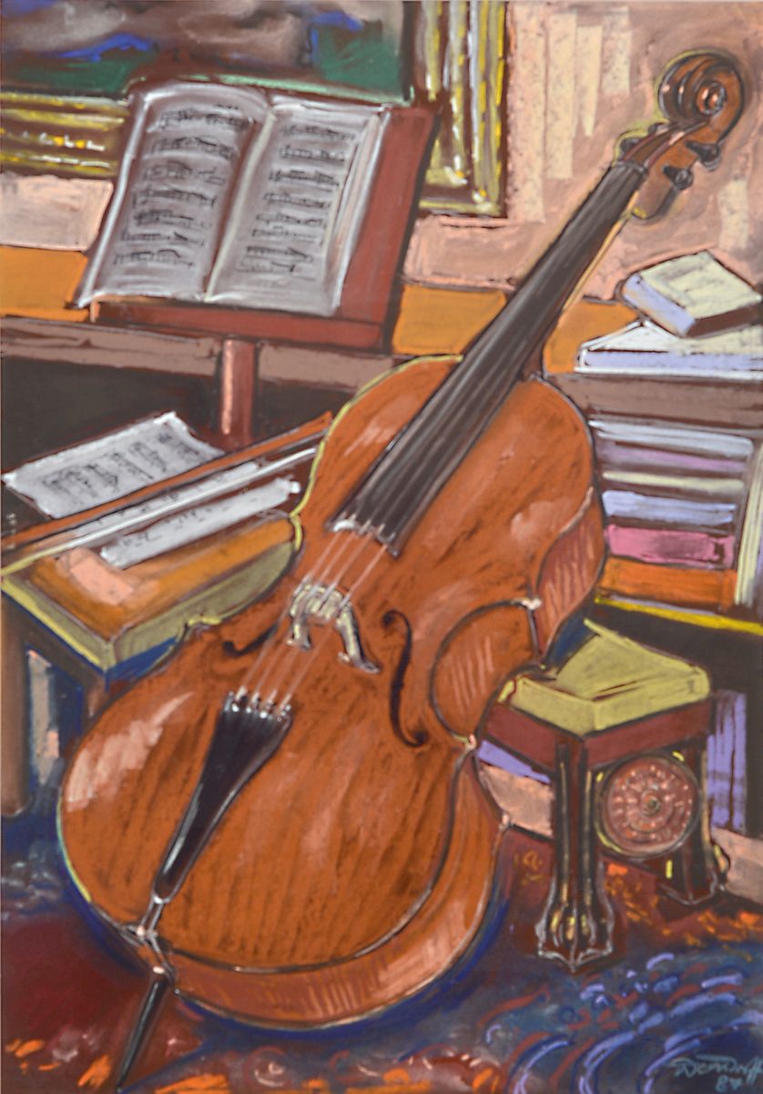 Detail b: Wendorff, zeitgenössische Kunst, um 1987/89 4 Aquarelle und Kreidezeichnung, 2 südliche Landschaften, 2 Parklandschaften und ein Stillleben mit ...