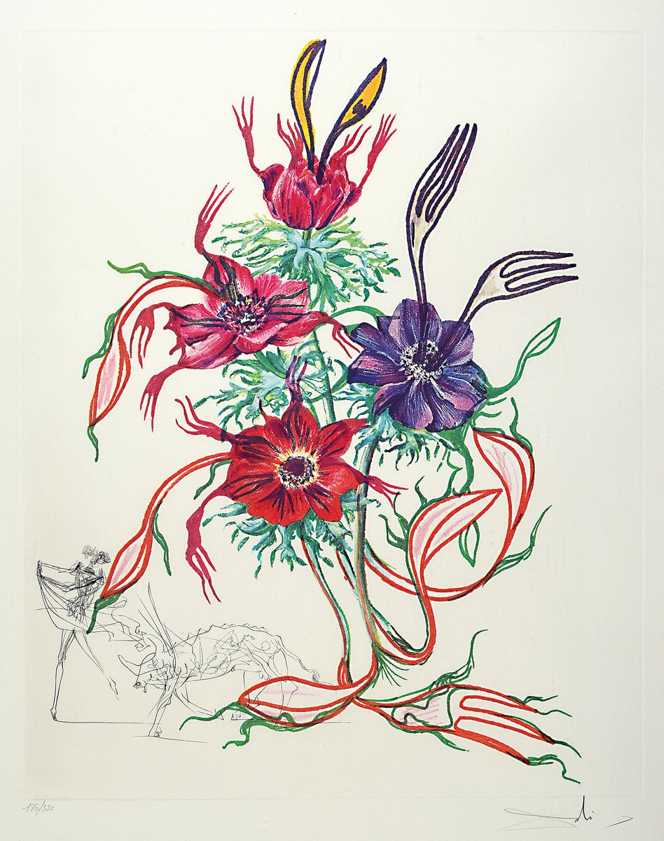 Salvador Dali, 1904 Figueras - 1989 ebenda, "Anemone per anti pasti" aus der Serie Surrealistische Blumen von 1972, Kaltnadelradierung auf ...