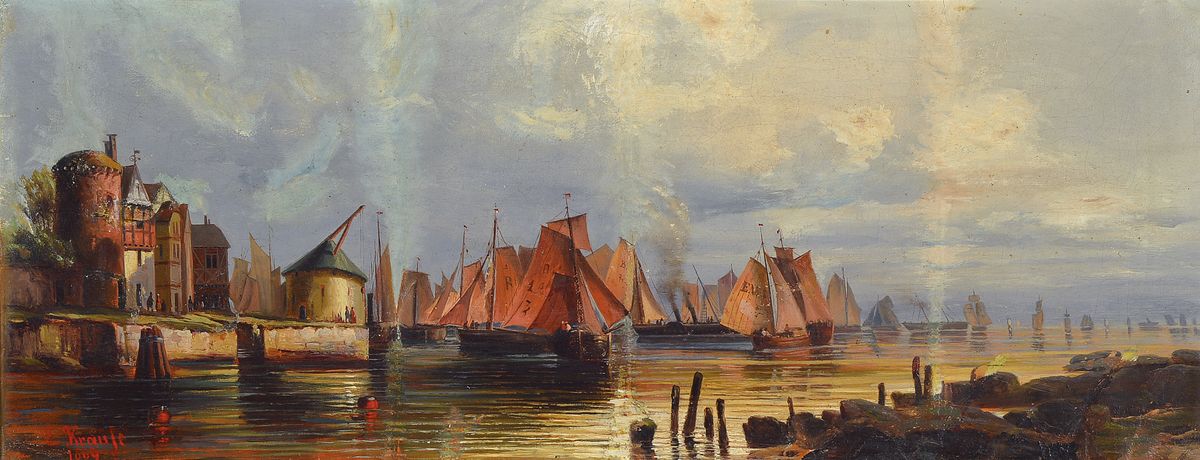 E. Krause, Maler aus dem 19. Jh., Hafenansicht, re. unten in Rot signiert u. dat. 1869, Öl/Lwd/Holz, 26.5x66cm/ 40x80cm, ältere Restauration bzw. ...