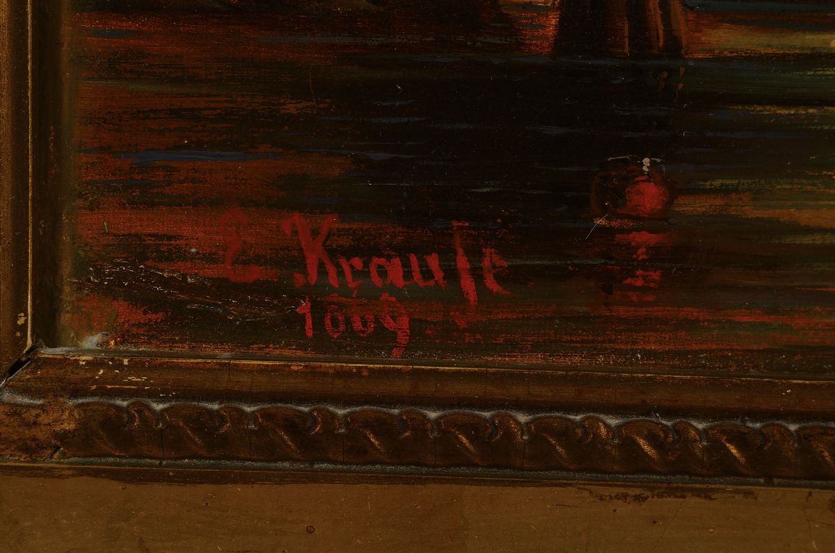 Detail a: E. Krause, Maler aus dem 19. Jh., Hafenansicht, re. unten in Rot signiert u. dat. 1869, Öl/Lwd/Holz, 26.5x66cm/ 40x80cm, ältere Restauration bzw. ...