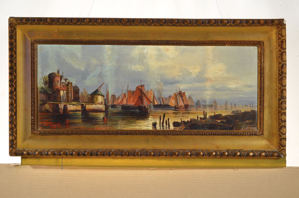 Detail k: E. Krause, Maler aus dem 19. Jh., Hafenansicht, re. unten in Rot signiert u. dat. 1869, Öl/Lwd/Holz, 26.5x66cm/ 40x80cm, ältere Restauration bzw. ...