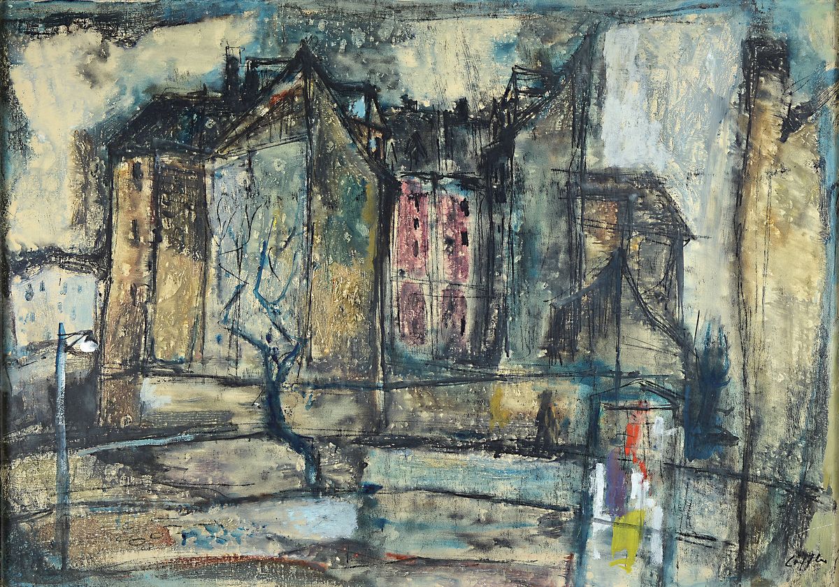 Paul Löffler, 1938-1995 Mannheim, Ansicht aus dem Mannheimer Stadtteil Jungbusch, Gouache und Tusche aus Papier, signiert, ca. 70x100cm, u.Gl., R.