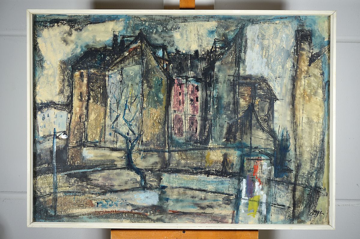 Detail k: Paul Löffler, 1938-1995 Mannheim, Ansicht aus dem Mannheimer Stadtteil Jungbusch, Gouache und Tusche aus Papier, signiert, ca. 70x100cm, u.Gl., R.