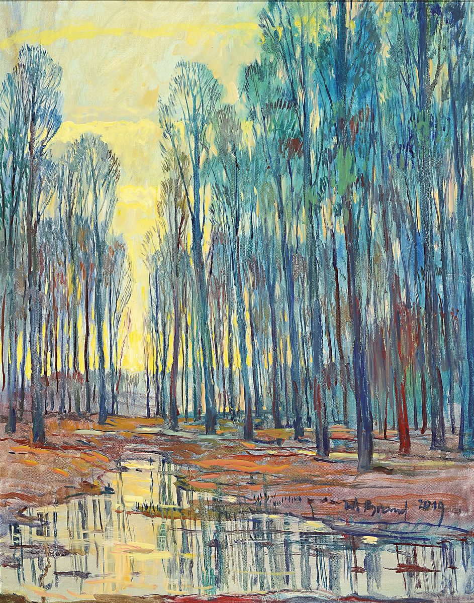 Werner Brand, geb. 1933 Löbau, lebt und arbeitet in der Pfalz, Pappeln am Bachlauf, Öl/Lwd, signiert und dat. 2019, ca. 75x60cm, R. ca. 87x72cm