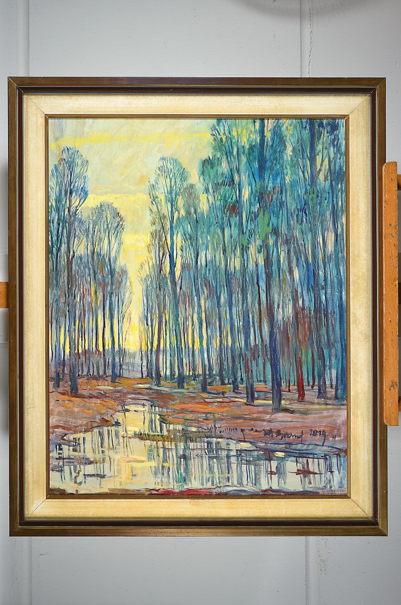 Detail k: Werner Brand, geb. 1933 Löbau, lebt und arbeitet in der Pfalz, Pappeln am Bachlauf, Öl/Lwd, signiert und dat. 2019, ca. 75x60cm, R. ca. 87x72cm