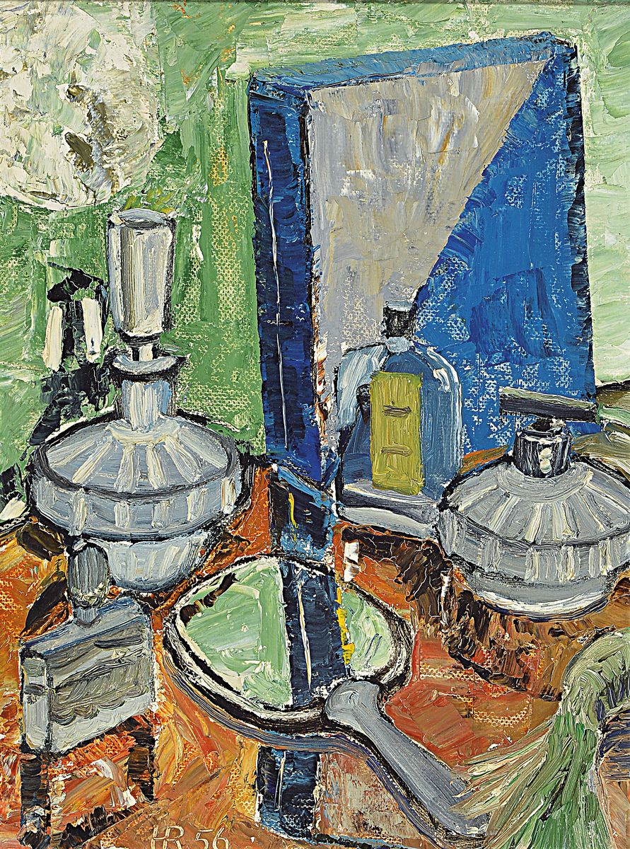 Heinz Reiss, 1923-2008 Haßloch, Schüler von Philipp Steinmetz, Mitglied der Künstlergruppe worbs, hier: Stillleben auf dem Toilettentisch, ...