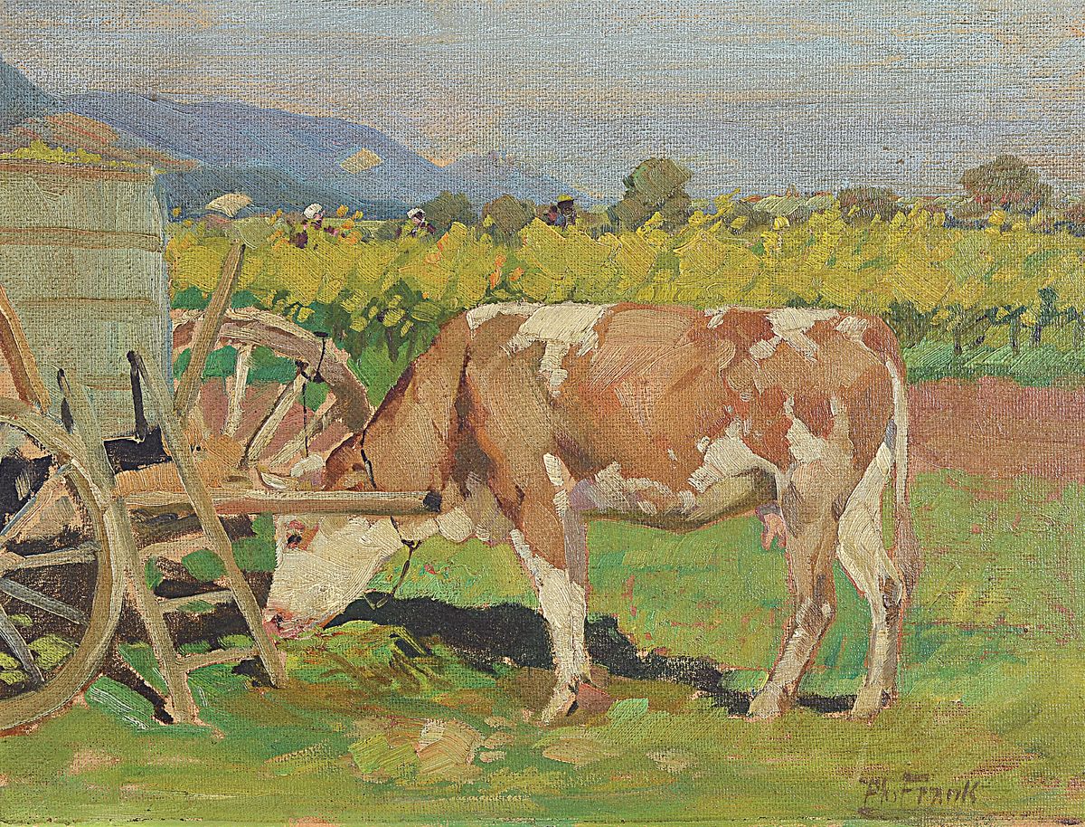 Philipp Frank, 1871 Godramstein-1944 Queichheim, Kuh und Karren vor dem Wingert, Öl/Malkarton, rechts unten signiert, ca. 34x 44cm, R. ca. 42x52cm