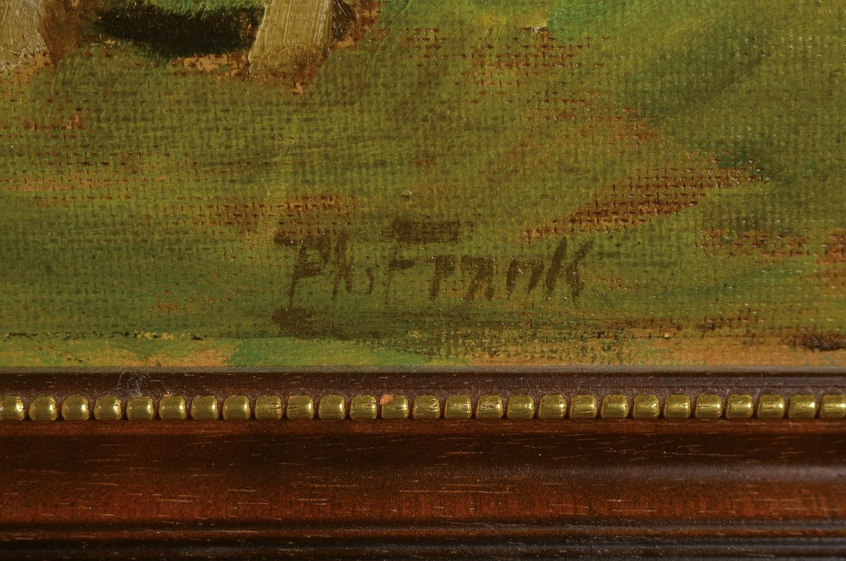 Detail a: Philipp Frank, 1871 Godramstein-1944 Queichheim, Kuh und Karren vor dem Wingert, Öl/Malkarton, rechts unten signiert, ca. 34x 44cm, R. ca. 42x52cm