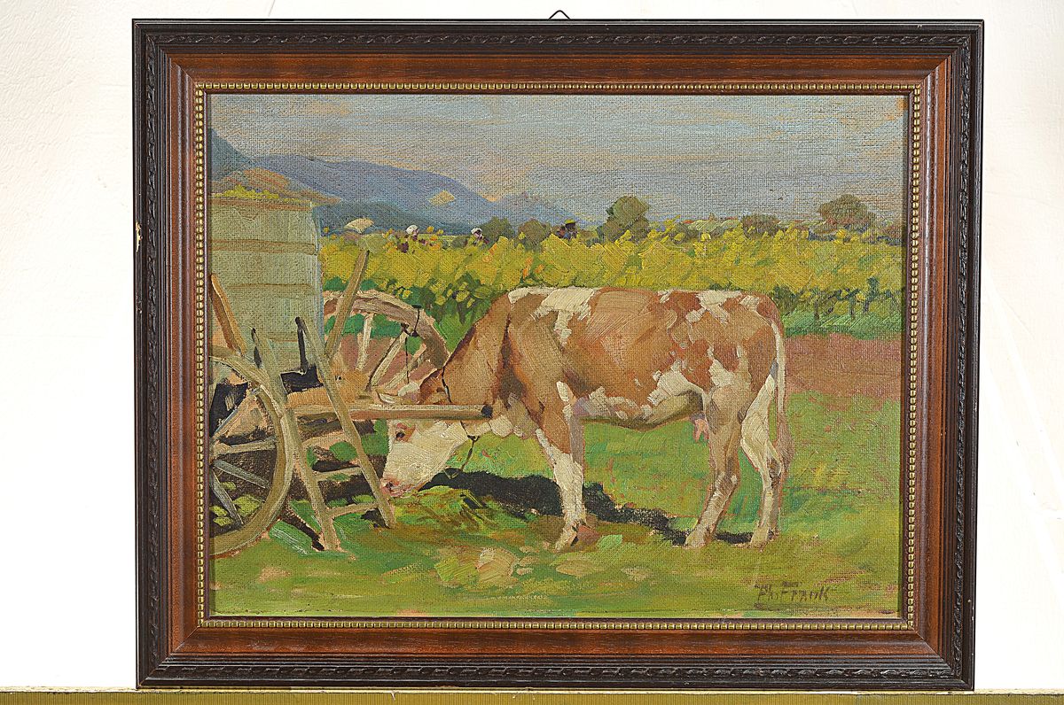 Detail k: Philipp Frank, 1871 Godramstein-1944 Queichheim, Kuh und Karren vor dem Wingert, Öl/Malkarton, rechts unten signiert, ca. 34x 44cm, R. ca. 42x52cm