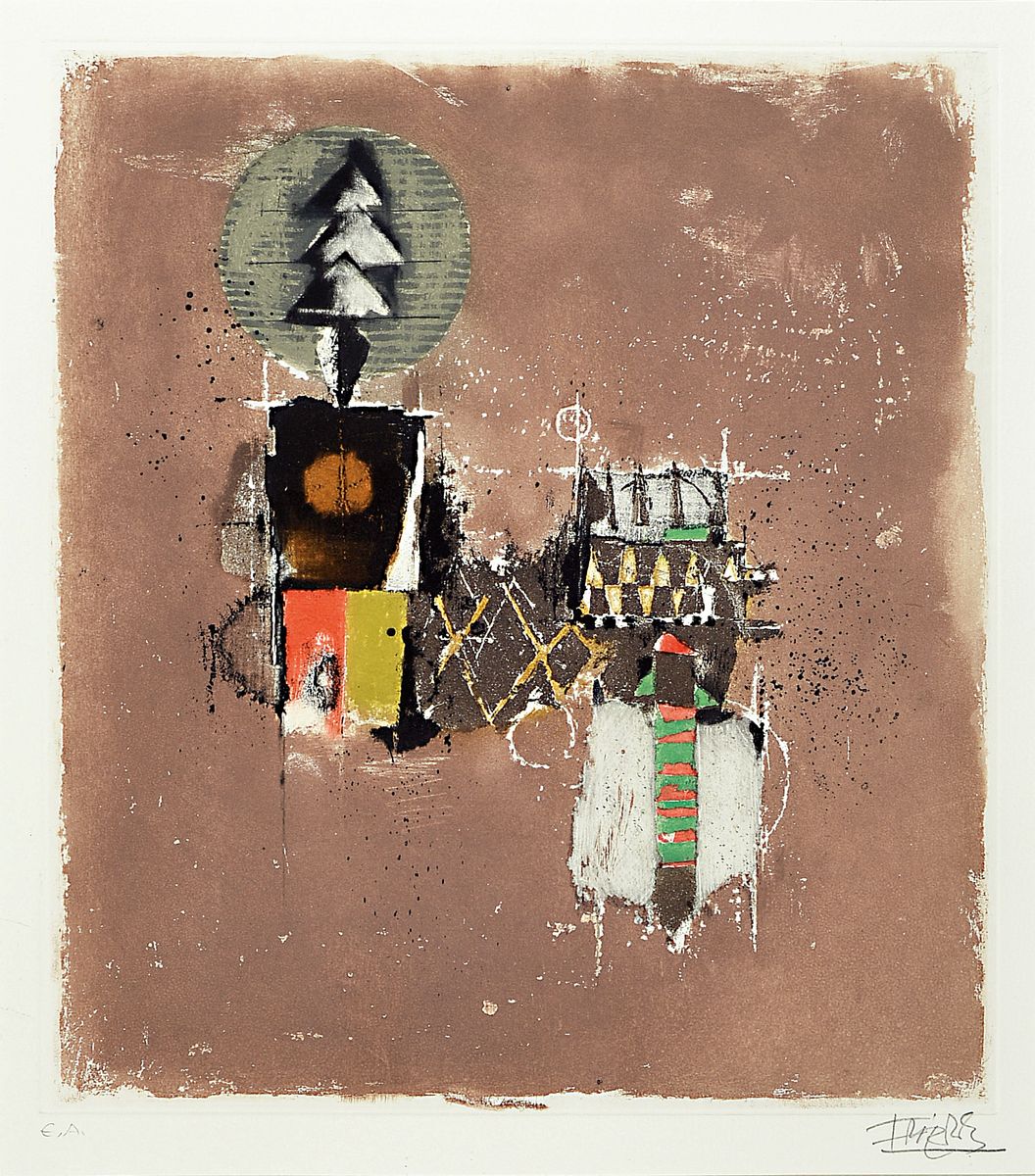 Johnny Friedländer, 1912-1992, Composition V, Farbradierung, handsigniert und bez.: e.a.,Auflage 95 Exempl., ca. 34x30cm, u.Gl.; R. ca.75x55cm .