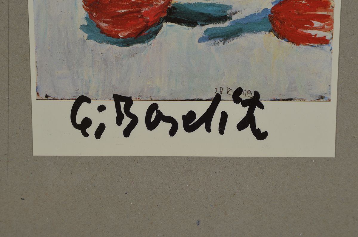 Detail a: Georg Baselitz, geb. 1938, Postkarten- Multiple, Farboffset, handsigniert, ca. 15x 10cm, u.Gl., R. ca. 33x24cm